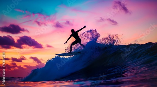 A surfer catching a wave at sunrise, silhouetted against the colorful sky