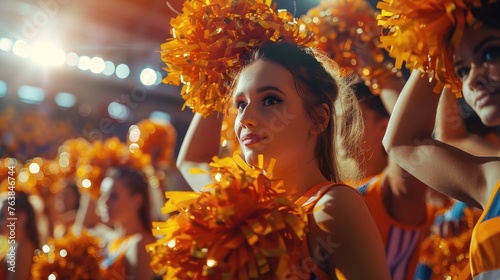Cheerleader group dancing with pom-poms at basketball stadium.