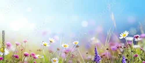 Colorful tulips blossom in sunny meadow