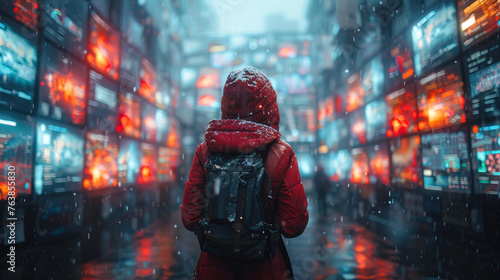 A striking image of a person draped in red, gazing at futuristic screens amidst snowfall evoking wonder and exploration