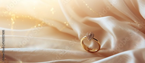 Wedding ring on white cloth beside gold chain