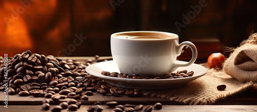 A cup of aromatic coffee and coffee beans on a wooden table