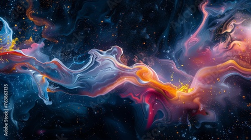 Abstract visualization of smoke flow with a vivid blend of cosmic colors and sparkling accents, suggesting a nebula in motion.