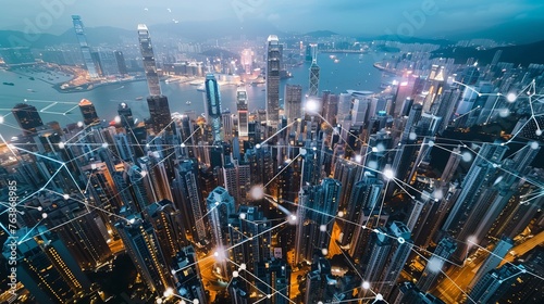 Aerial photo of a Hong Kong cityscape with many skyscapers and development infrastructure. Famous business center megapolis with wireless map of internet comunication and networking connection concept