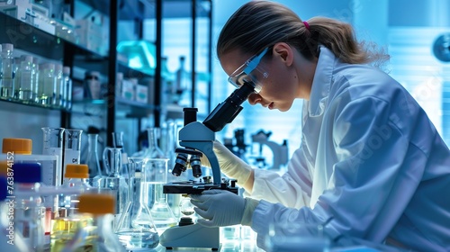 female doctor using a microscope and examining glass beakers during research in a hospital laboratory, scientist working with modern technology in a clinical lab