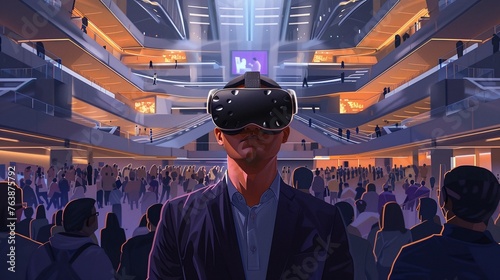 vr experience senior business manager man attend meeting wearing vr virtual goggle glasses standing in auditorium convention hall with crowd of business people background