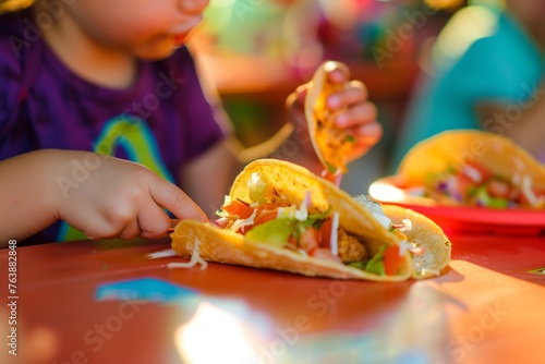 child biting into a taco at a brightly lit table