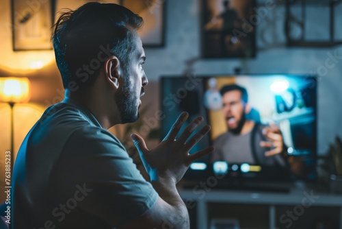 man gesturing disagreement with var decision on screen