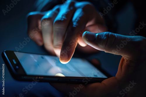 Close-up of hands using a smartphone in the dark, the glow of the screen illuminates the fingertips