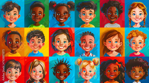 Pictures of children of different nationalities happy smile in cartoon form