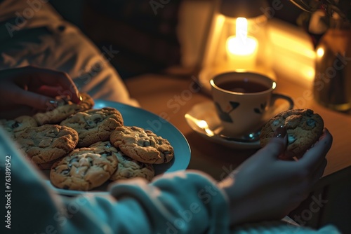 midnight snack, person with cookies by dim nightlight