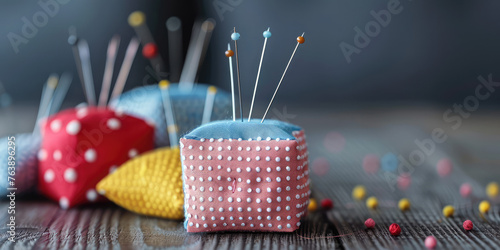 Vibrant Sewing Pincushion with Pins. Close-up of a colorful embroidered pincushion with pin on a simple background with copy space, banner template.
