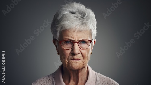 Angry senior woman with a belligerent expression looking directly at the camera, with space for text