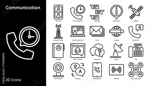 Communication Icon Set Including Video Call, Email, Internet, Phone Call and More in Line Style