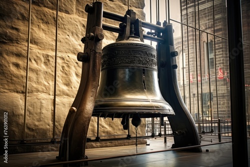 A detailed shot of the Liberty Bell in Philadelphia, USA.
