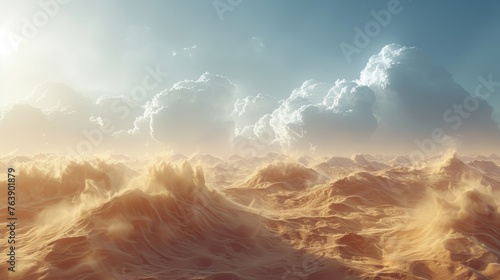 Sand storm, sand clouds in a fantasy desert landscape. 3D render. Raster illustration.