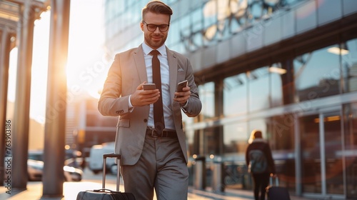 elegant businessman checking e-mail on mobile phone while walking with suitcase outside airport experienced employer using cell telephone while waiting for taxi car outdoors before work travel