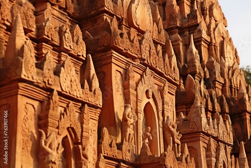 A close-up of the detailed carvings on the Temples of Bagan, Myanmar.