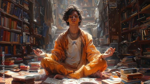  a smart guy with glasses and bright clothes engaging in meditation in a brightly lit library setting, with books lining the shelves, representing the pursuit of knowledge and enlightenment