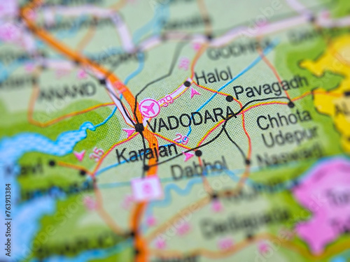 Vadodara on a map of India with blur effect.