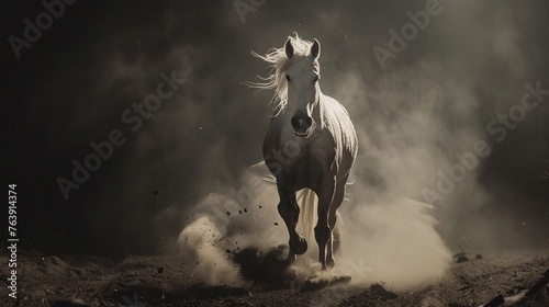 a white horse captured in full gallop as it kicks up a cloud of dust against a dark and moody background in a stunning display of power and grace