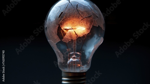 Broken light with cracked bulb on black background. AI