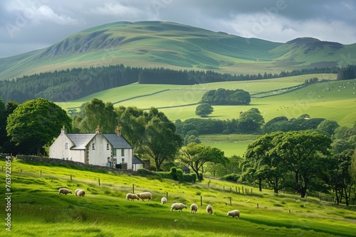 a panoramic view of the Scottish green countryside with big green trees and bushes on green rolling hills during sunshine in the morning with small houses and herd of sheep grazing in it