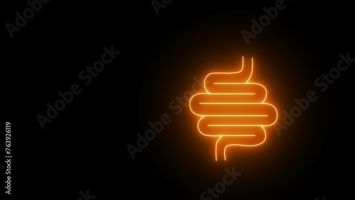 Neon glowing Intestine human icon. Neon healthy digestion logo, healthy digestive system sticker. Intestinal inflammation icons, abdominal pain, constipation, intestinal appendicitis.