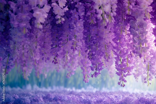 Beautiful Purple Wisteria Flowers Hanging from Tree Branches Against a Clear Blue Sky