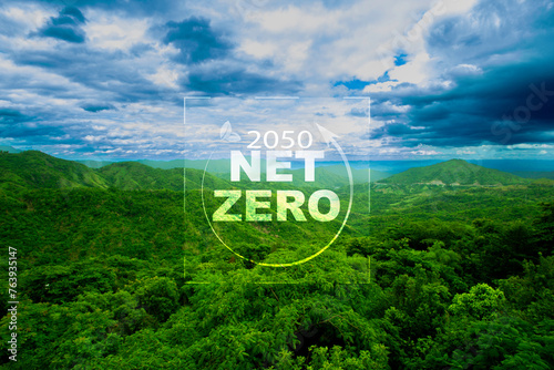 Net zero in 2050 on green nature background. Reduce emissions, carbon neutral and ESG concept. net zero greenhouse gas emissions target Climate neutral. Reduce global warming.