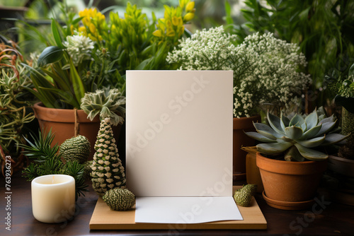 notebook with flowers Beautiful hands holding a blank greeting card vertically in a mockup