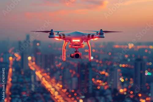 As the colors of dusk paint the urban landscape, a camera drone captures the pulse of the city from above.