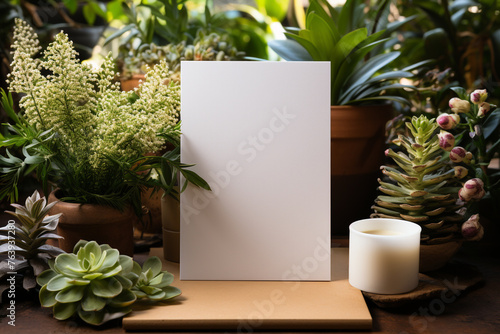 lavender soap and flowers and Beautiful hands holding a blank greeting card vertically in a mockup