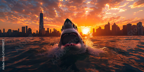 Fatal shark attack shark being shark swimming water sea jumps front sunset majestic breach captured mesmerizing moment with city clouds sky background
