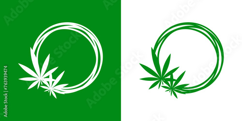 Logo con marco circular con líneas con silueta de hoja verde de cannabis