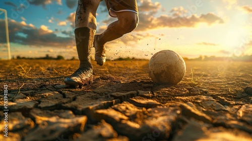 Illustrate the intensity of a players stance as the earth cracks beneath their feet, representing the seismic potential for greatness that lies within them on the soccer field ,HD image