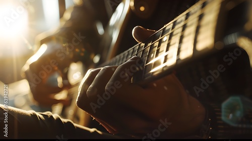 Close-up of Guitarist's Hands Strumming Electric Guitar in Sunlit Room