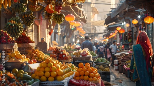 Bustling Marketplace Scene with Fresh Fruits and Pedestrians on a Sunny Day