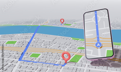 스마트폰을 이용하여 목적지까지의 경로를 표시하는 네비게이션, 3D 렌더링 이미지