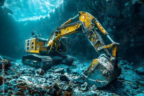 Excavator operates in underwater setting with mine in Pacific environment. Concept Underwater Excavator, Pacific Mines, Deep Sea Machinery, Marine Construction, Underwater Operations