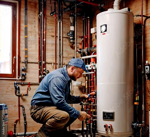  A plumber repairs a water heater. Plumbing work, maintenance.