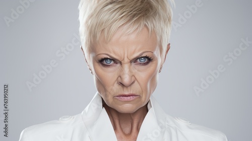 Furious elderly woman displaying hostility at the camera with clear area for text inclusion