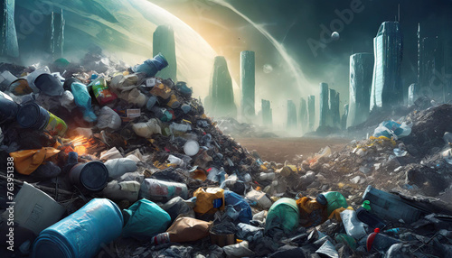 Symbolik, Futuristisch, Stadt erstickt im Müll, KI-generiert