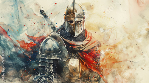 A modern art painting featuring a knight in shining armor, created with detailed sketches and vibrant acrylic paints
