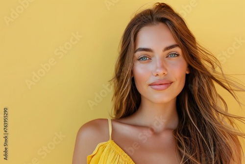 Portrait of a radiant Caucasian woman with blue eyes and long flowing hair looking at camera against yellow background.