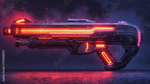 Illuminate the sleek contours of the cyberpunk rifle gun with neon lights, embodying futuristic technology in its modern design.