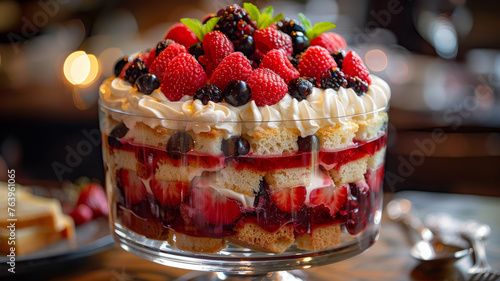 A trifle dessert with berries and cream in a bowl