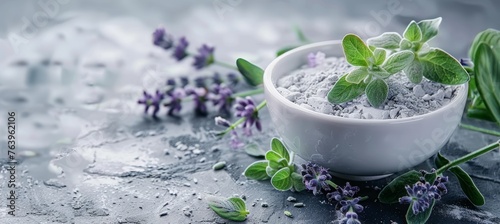 Lavender flowers in mortar on table for natural cosmetic ingredient with copy space