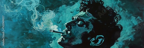 Man Smoking Cigarette in the Rockabilly Poster Style with Green, Blue and Black Color Scheme Touch created with Generative AI Technology
