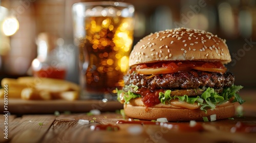 Juicy hamburger with cheese and fries paired with a soft drink on a wooden table